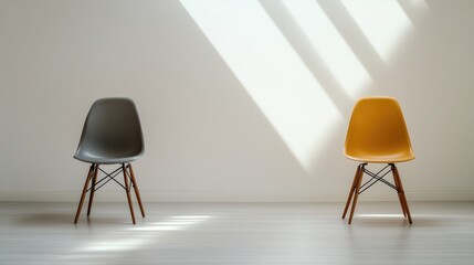 Minimalist design showcases contrasting chairs, emphasizing colo