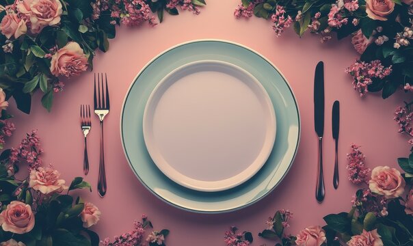 Ceramic plate mockup with blank surface on a neatly set dining table, surrounded by elegant cutlery and floral accents, ideal for restaurant branding, - Powered by Adobe