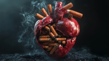 Naklejka premium A visually intense image of a heart filled with cigarettes, enveloped by smoke, illustrating the serious health risks posed by smoking. The vivid symbolism highlights the dangerous connection between