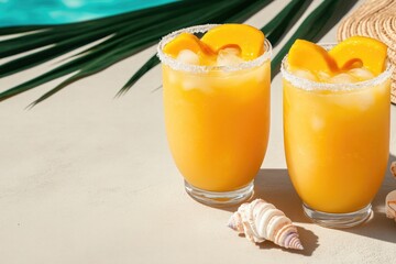 Refreshing orange drinks adorned with tropical fruit, perfect fo