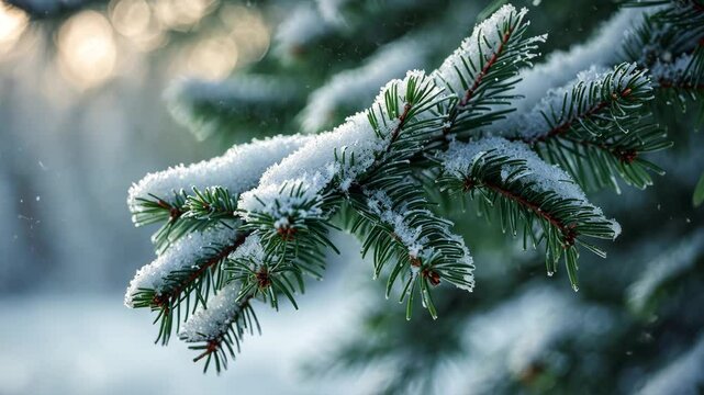 First snowfall. Closeup of a fir tree branch blanketed in snow. Intense frosts. Enchanting light and vibrant imagery.