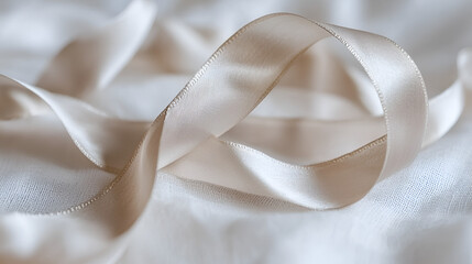 A soft, neutral ribbon elegantly intertwined atop a textured white fabric, creating a delicate composition.