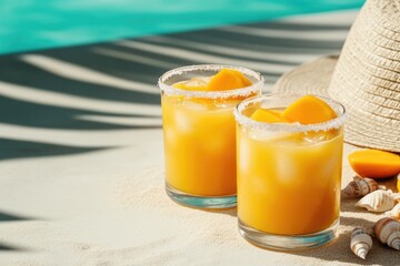 Refreshing cocktails glisten under sunlight, surrounded by seash