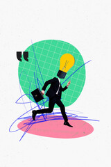 Vertical trendy 3d collage poster of anonym businessman instead head light bulb bright power idea...