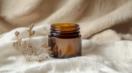 Brown glass jar with dried flower on a textured linen cloth in neutral tones.  Earthy and minimalist.