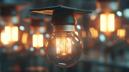 A glowing light bulb wearing a graduation cap represents education, creativity, and innovation. Set against a soft bokeh background, this image conveys knowledge, learning, and bright ideas.. AI