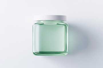 Transparent jar filled with soothing green liquid on clean surfa