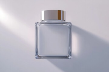 Clear glass jar with sleek design, reflecting light, minimalisti