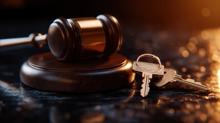 A gavel and a set of car keys on a desk, symbolizing a legal case related to property or asset management, with a focus on real estate or property law.