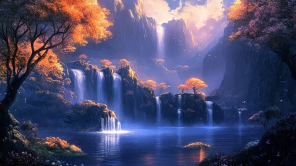 Fototapeta premium A tranquil fantasy landscape featuring a series of waterfalls flowing into a serene lake, framed by glowing orange trees under a soft evening light. The scene evokes calm and wonder.. AI Generation