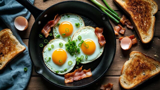 Breakfast or brunch featuring fried bacon and eggs in black skillets with crispy toasts, aerial view.