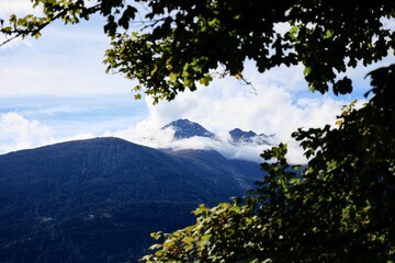 Scenic mountain view framed by foliage.