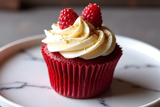 Delicious red velvet cupcake with raspberries bakery dessert photography indoor close-up