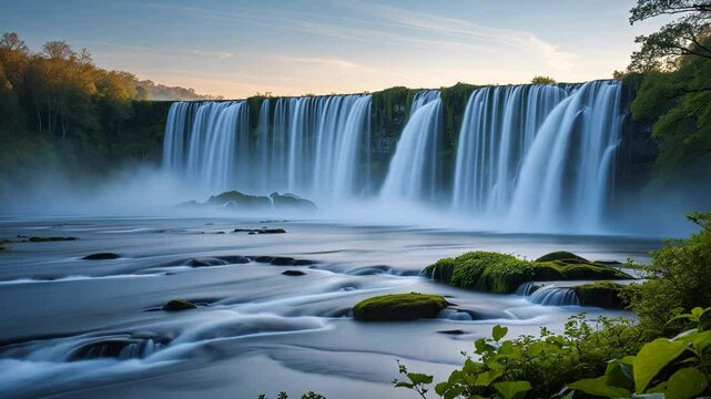 A lengthy exposure image of a waterfall absent of individuals.