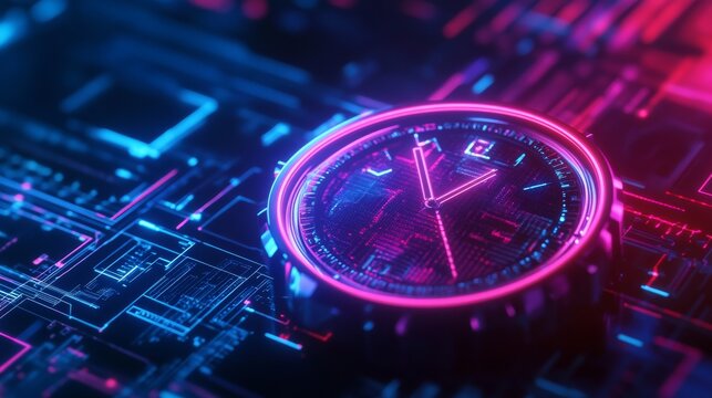 A sleek digital watch with neon accents resting on a futuristic circuit board. The intricate design and glowing elements make this image perfect for illustrating technology, innovation, and time