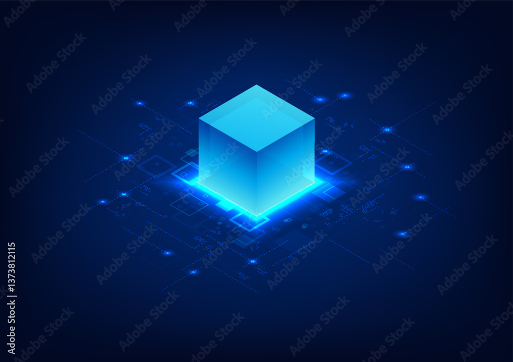 Poster blockchain technology background. blockchain technology box in the shape of a piggyback processing d