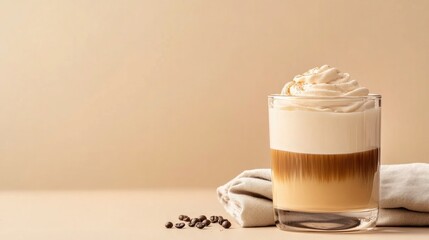 Creamy coffee topped with whipped cream, served in glass, inviti