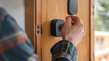 A close-up of a man's hand entering a code on a digital door lock, showcasing modern security technology.
