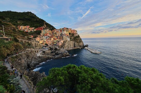 Manarola village in Cinque Terre, Italy by the sea.