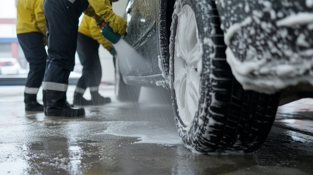 Car wash staff are washing cars at the car care center and taking care of the cleanliness of customers' cars.