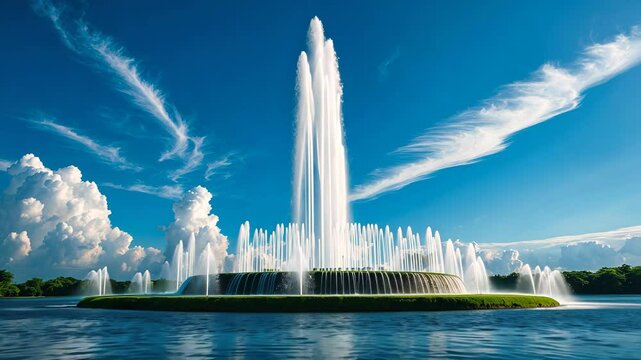 Abstract water fountain backdrop against a blue sky. Art of the water fountain set against the blue sky. Melodic fountain situated on an island.