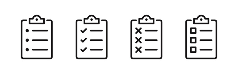 Clipboard icons set. Checkmarks, quality check, check list, todo plan with tasks, checkbox form and survey. Vector illustration.