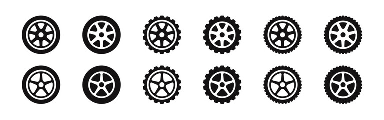 Fototapeta premium Black rubber wheel tire icons set. Automobile wheels silhouette collection. Vector illustration.