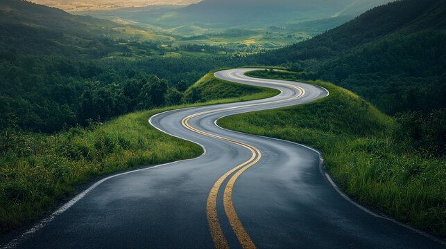 A winding road through lush hills symbolizes the uncertainty and unpredictability of future planning.