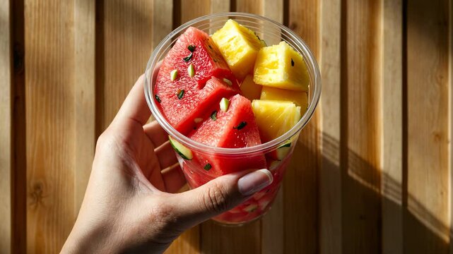 A hand is grasping a transparent plastic cup containing sliced fruit in front of a wooden backdrop.