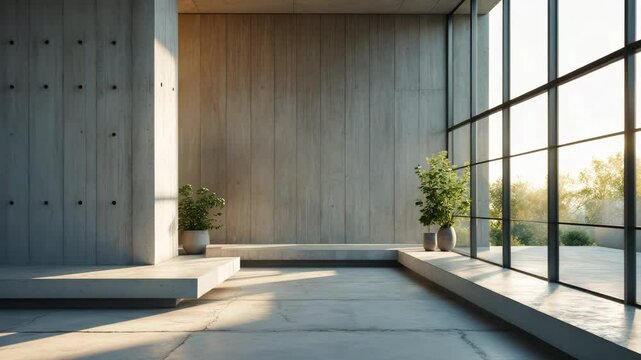 A minimalist interior design featuring a concrete wall and floor, highlighting a large room filled with natural light.