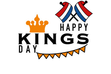 A vector illustration of the text "King's Day" designed for the Dutch national celebration, featuring the Netherlands flag and a crown