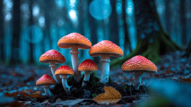 Fly agarics illuminate in the gentle evening glow.