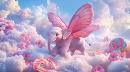Obraz premium A fantasy scene of a pink elephant with butterfly wings wandering in a cloud-filled candy world. Surrounded by vibrant lollipops and soft clouds, this whimsical image is perfect for children. AI