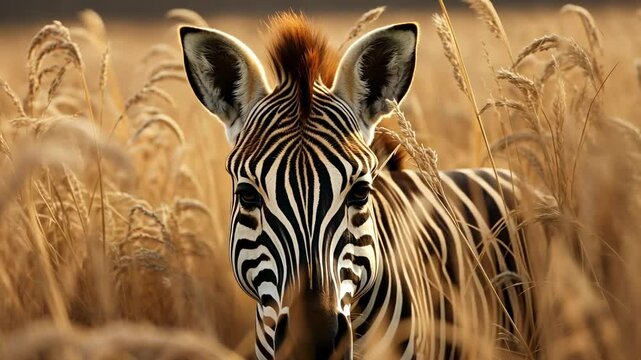 Zebra hiding in savanna. African zebra hiding from predators