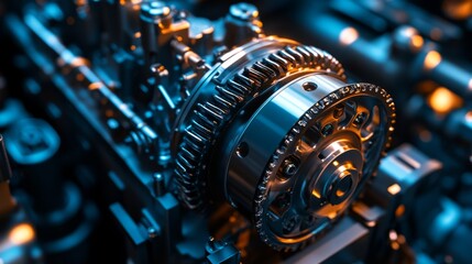 A detailed close-up of metallic gears and components of a machine, illuminated by warm, industrial lighting. The intricate engineering details and the glossy surface reflect the precision of