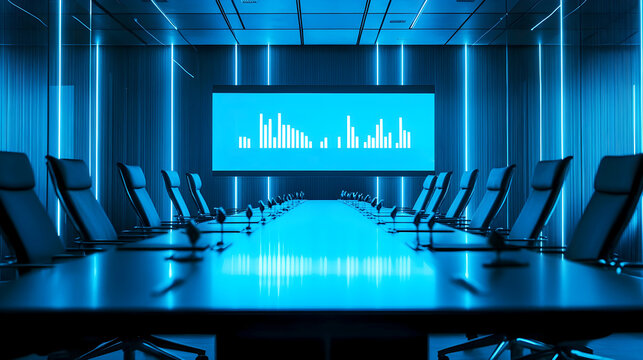 Futuristic conference room with empty chairs, illuminated blue lighting, and digital screen displaying bar charts in high-tech corporate environment