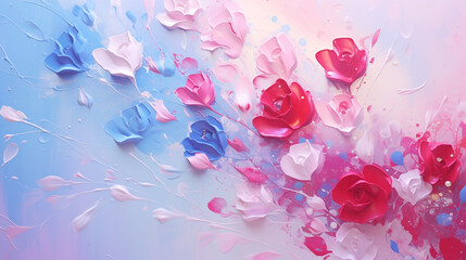 Bright pastel roses bloom beautifully against a soft blue and pink background