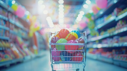 Shopping cart filled with vibrant groceries and household items, representing consumerism, shopping spree and retail therapy concept.