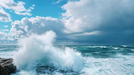 Fototapeta premium Heavy storms blast. Dramatic ocean waves crashing against a rocky shore under a vibrant sky.