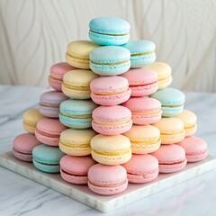 Obraz premium Colorful macarons stacked beautifully on a marble tray with pastel tones.