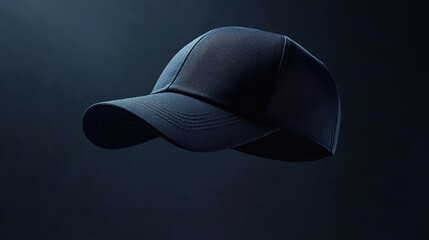 Stylish navy baseball cap floating against a dark moody background studio shot