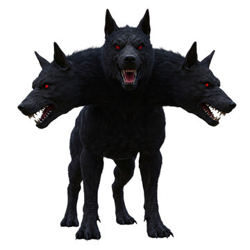 Cerberus, three-headed black hellhound snarling