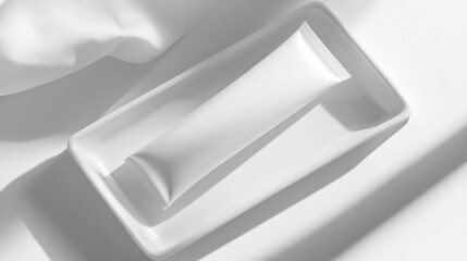 Minimalist beauty concept: White tube mockup on a glossy tray with fabric