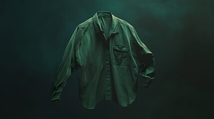 Green button-down shirt on a dark background creates fashion composition