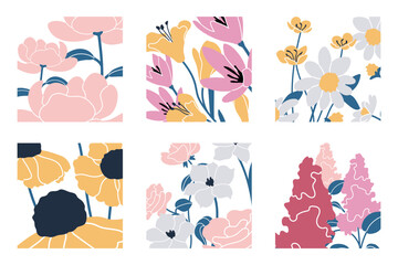 Fototapeta premium Set of illustrations with different flowers. Floral compositions. For spring and nature designs.