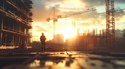A stunning view of a construction site with a worker silhouetted against a sunset, surrounded by cranes and half-built structures. The warm light evokes a sense of progress, urban expansion, and