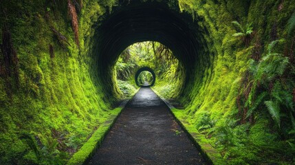 Thurston Lava Tube: Entrance to Mossy Cave and Tunnel with Ferns and Rail Walkway