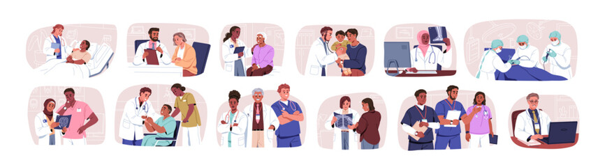 Doctor and patient set. Medic healthcare. Medical checkup, health care, consulting, treatment, surgery, diagnostic services in clinic, hospital. Flat vector illustration isolated on white background
