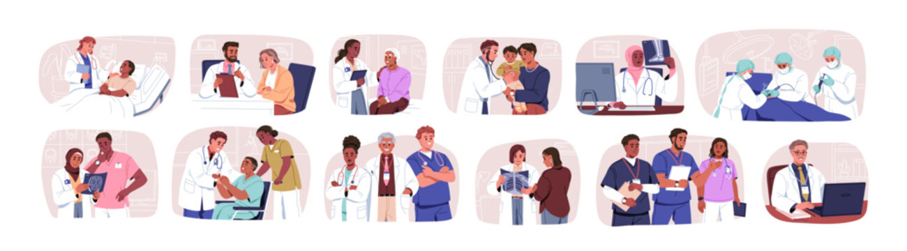 Doctor and patient set. Medic healthcare. Medical checkup, health care, consulting, treatment, surgery, diagnostic services in clinic, hospital. Flat vector illustration isolated on white background