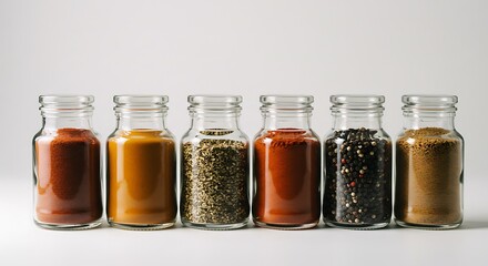 Aromatic Spice Collection: A Vibrant Row of Glass Jars Filled with Colorful Spices